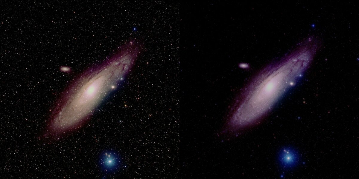 Image of Andromeda galaxy on left, the same image after star removal (on right) using my tool ! Click to enlarge the image.